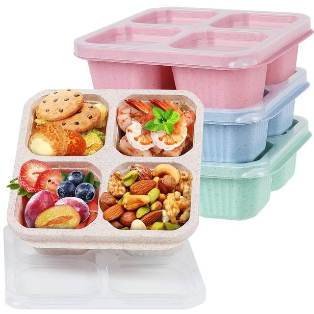 TEMU 5pcs Snack Containers, 4 Compartments Bento Snack Box Set, Reusable Meal Prep Lunch Containers, Microwave & Freezer Safe, Divided Food Storage Containers For Work Travel