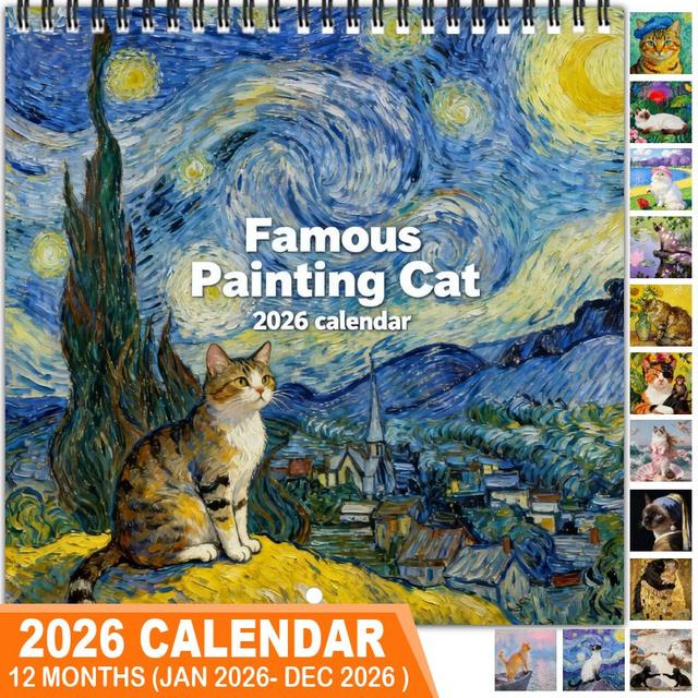 TEMU Calendario de Pared Mensual 2026 - Planificador de 12 Meses, Ideal para Hogar u Oficina, Regalo de Navidad y , Estética Divertida y Bonita, Gatos de Pinturas Famosas