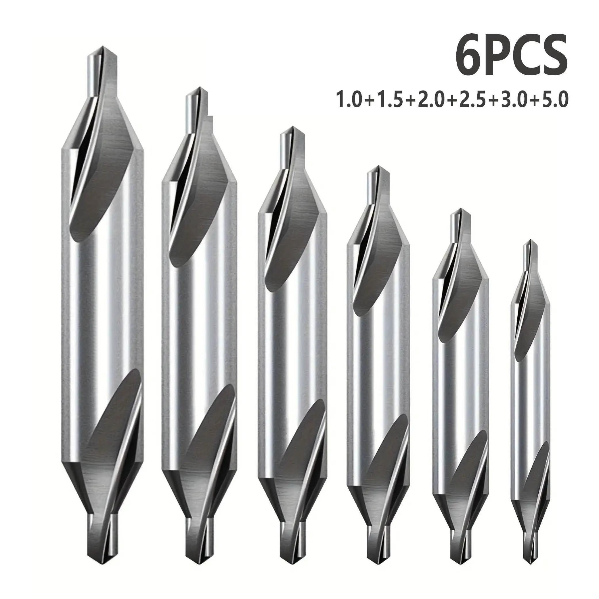 TEMU Set Of 6 Steel Combination Center Drill Bits With -degree Countersink Angle For Metalworking On Lathes, In Sizes 1, 1.5, 2, 2.5, 3, And 5mm