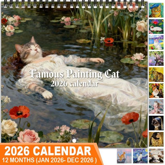 TEMU تقويم حائط 2026 مع 12 مخطط شهري - مثالي للمنزل أو المكتب، رائع كهدايا لعيد الميلاد ورأس السنة، جماليات رائعة ومرحة، يتميز برسومات قطط مشهورة