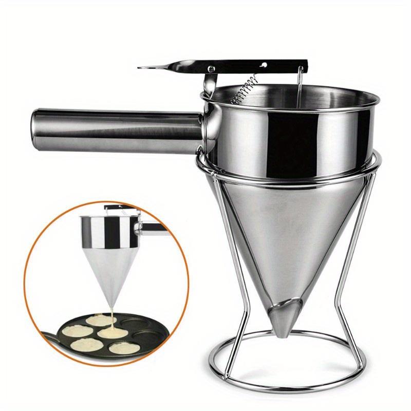 TEMU 1200ml Stainless Steel Batter Funnel With Bracket For Octopus Balls, Cooking Tool For Pancakes, Leak-proof Bucket For Donuts, Cupcakes, And
