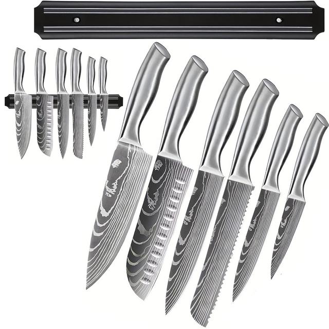 TEMU 7pcs Kitchen Knife Set, Steel Chef Knife Set, Chef Knife, Knife, Paring Knife, Slicing Knife, Bread Knife, Utility Knife With Magnetic Strip For Kitchen