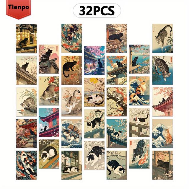 TEMU 32枚セット TLENPO 日本猫ド - 浮世絵風桜と猫アート、厚手のカーディ、鮮やかなHDプリント、コレクタブル、スブッキング用グリーティングカード、猫好きへのギフト、猫愛好家向けギフト、伝統的な日本美術、詳細なイラスト、装飾カード、工芸愛好家、壁装飾、高級職人技、文具