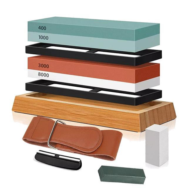 TEMU 2pcs #400/1000+#3000/8000 Whetstone Knife Sharpener - Sharpening With Non-slip Base, Angle Guide Included - Restores Blades To Sharpness, Ideal For Kitchen &