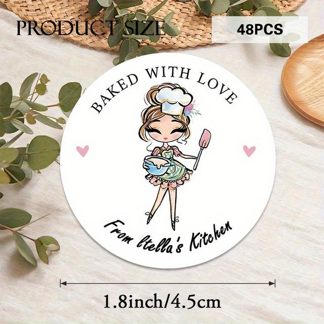 TEMU Custom 48/96pcs "" Round Stickers, Featuring A Girl With A Spatula In A Whimsical Illustration Style, Bakery Packaging, Cookie Boxes, Kitchen Decor, Gift Tags, Etc., Expressing Warm Homemade .