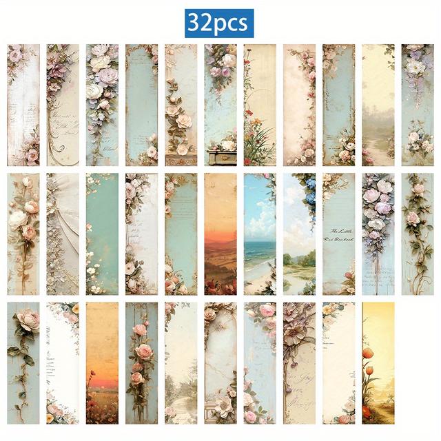 TEMU 32개 TLENPO 빈티지 플로랄 북마크 - 해변, 구름, 장미 & 필기체가 있는 컬러풀 레트로 오일 페인팅 디자인 - 학생, 교사, 책 애호가를 위한 내구성 있는 종이 페이지 마커 - 독서 선물 및 저널 장식에 이상적, 학습 필수품, 예술적인 일러스트레이션, 문학 액세서리, 교사 감사