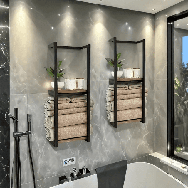 TEMU Wall-mounted Two-tier Towel Rack For Bathrooms - Versatile Storage Solution With Hooks For Organizing Bathroom Additions