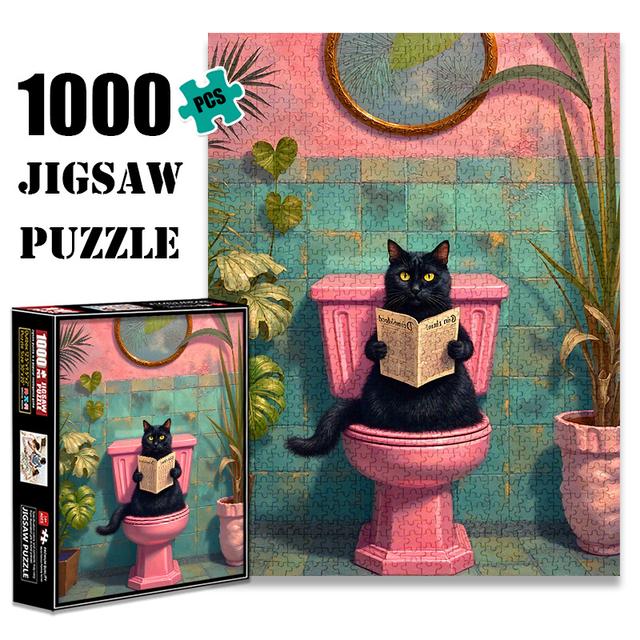 TEMU 1000 Stuks Zwarte Kat op het WC Legpuzzel – Kras- en Waterbestendig, Geavanceerde DIY Breinbreker voor Volwassenen, Leuke Familie Avondactiviteit, Speelse Badkamerdecoratie Kunstwerk