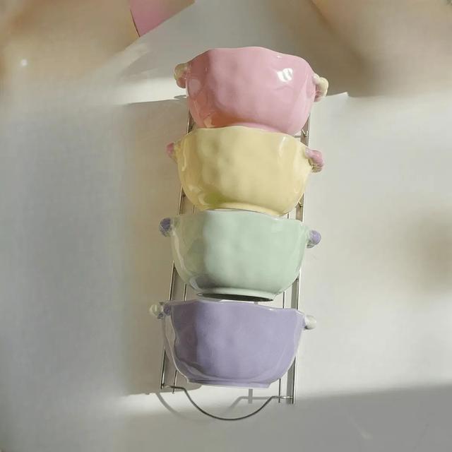 TEMU 【4点セット】カラフル柄テーブルウェア。小さめのコンハンドルが特徴。セ製で、、サラダ、ト、オートミールボウルに最適。自宅、レに。トなギフトにも。電子レンジ対応。