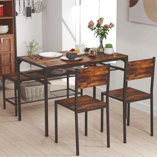 TEMU Lifezeal Dining Table Set For 4, Industrial Style Rectangular Kitchen Table With Chairs & Bench, Storage Racks & Metal Frame, 4pcs Space-saving Dinette Set For Dining Room &