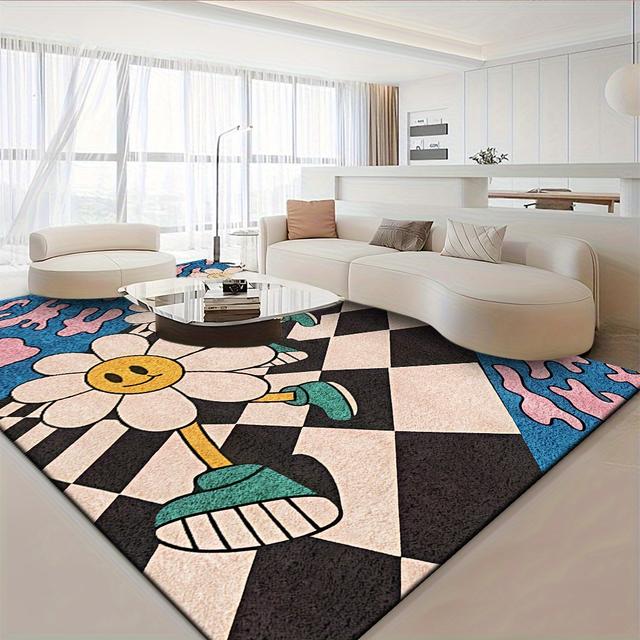 TEMU [제품] 벨벳 러그, 제곱미터당 850그램 무게, 부드러운 질감과 Ins 스타일의 밝은 데이지 패턴 (블루, 핑크, 블랙, 화이트). 세탁기 사용 가능, 가벼움, 편안함, 침실, 거실에 적합