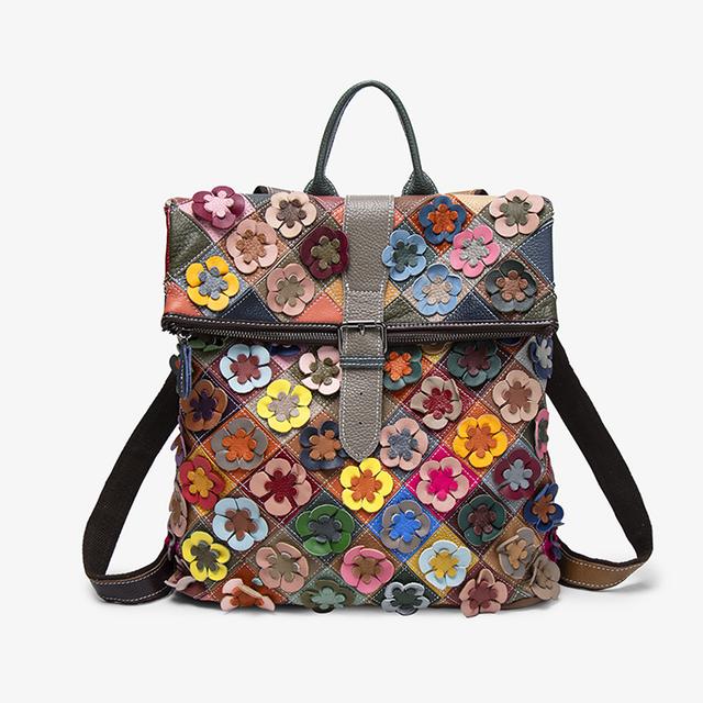 TEMU Handmade Floral Backpack - Elegant Retro Genuine Leather Daypack With Adjustable Straps, Colors, And Diamond Lattice Design For Women, Backpack For Travel