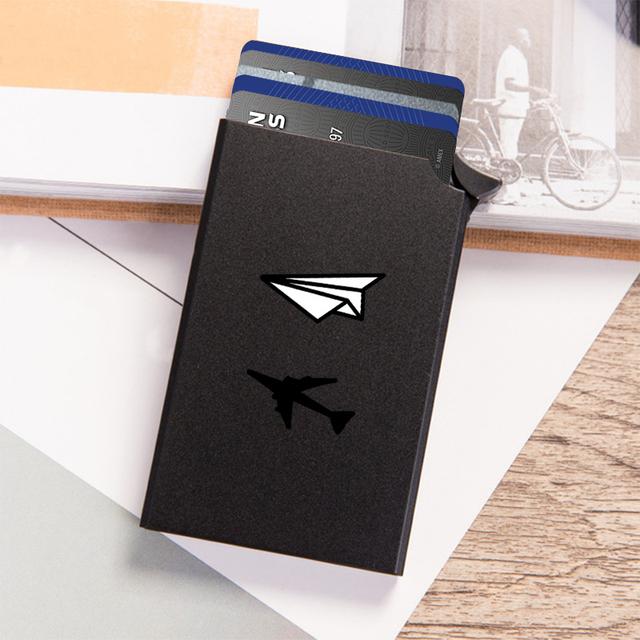 TEMU Suporte para cartões de em liga de alumínio, carteira slim com bloqueio RFID anti-furto, com caixa de cartões pop-up adorável de avião, para homens e mulheres.