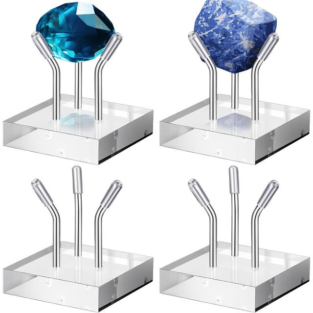 TEMU 4 Pack Clear Acrylic Display Stand, Metal 3 Peg Rock Display Easel Stands For Fossil Coral Crystal Geodes Rock Mineral Agate Small Collectibles Acrylic Holder