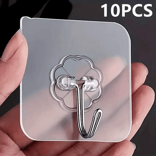 TEMU 10pcs Transparent Adhesive Kitchen Hooks, No-drill Wall Mount, Heavy-duty Plastic Hangers With , Adjustable & Damage-free For Utility Use, Kitchen Accessories