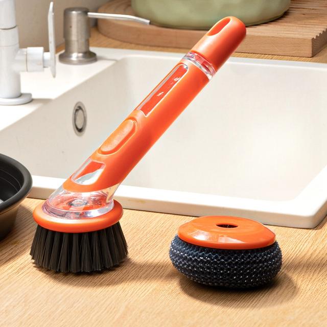 TEMU Ergonomic Dishwashing Brush With Soap Dispenser - Extended Handle, Replaceable Head For Of Pots, Pans & Sinks - Essential Kitchen Tool
