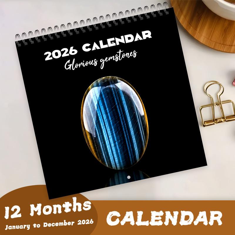 TEMU 2026 Precious Gemstones Calendar (*), 20-month Spiral Wall Calendar With Thick Paper, Home Office Decor, Monthly Layouts, Llustrative Cover, High Quality Printfor Gemstones Lover.