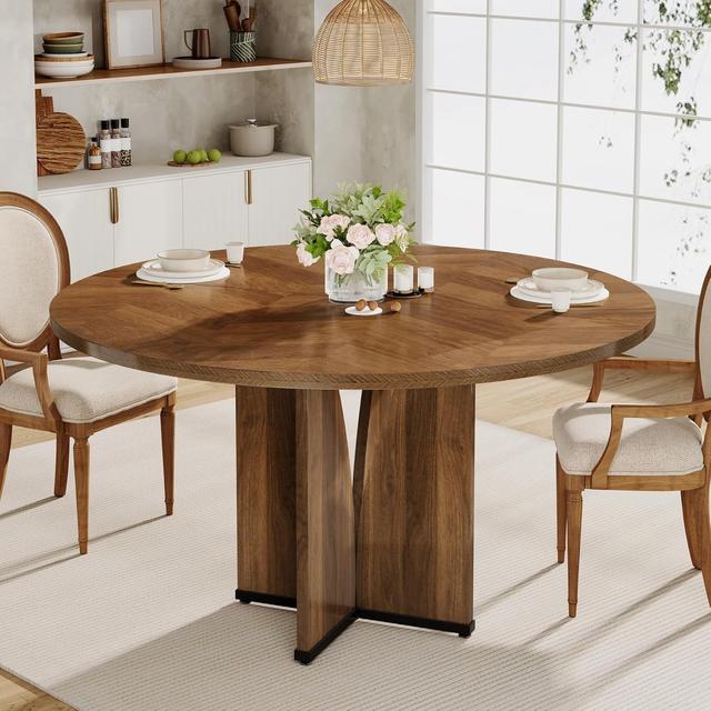 TEMU Multifunctional Desk, Round Dining Table, Wood Kitchen Table For 4 People, Farmhouse Dinner Table With Wooden Table Top And Legs, Rustic Brown Office Table For Home Office