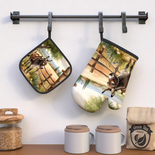 TEMU 2pcs Heat-resistant Oven Mitts & Pot Holders - 10.6x6.7 Inch Whimsical Donkey & Design, Durable Polyester, Machine Washable For Baking, Cooking, Kitchen Decor, Housewarming Gift