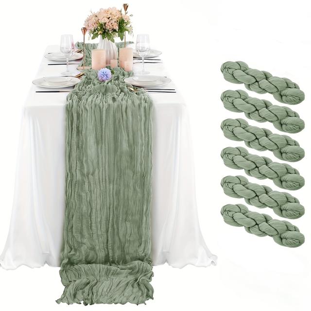 TEMU 6pcs Sage Green Polyester Table Runners - Rectangular Cheesecloth Sheer Gauze Wedding Reception Table Decor – Vintage Style Wrinkle Table Overlay For Bridal Decorations