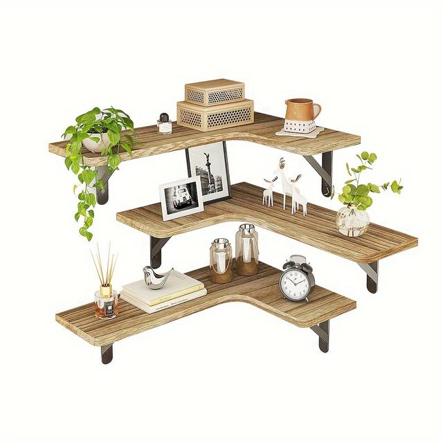TEMU Country Style Wooden Corner Floating Shelf | Boho-inspired Wall Hanging For Home, Kitchen, Bathroom, Bedroom Decor
