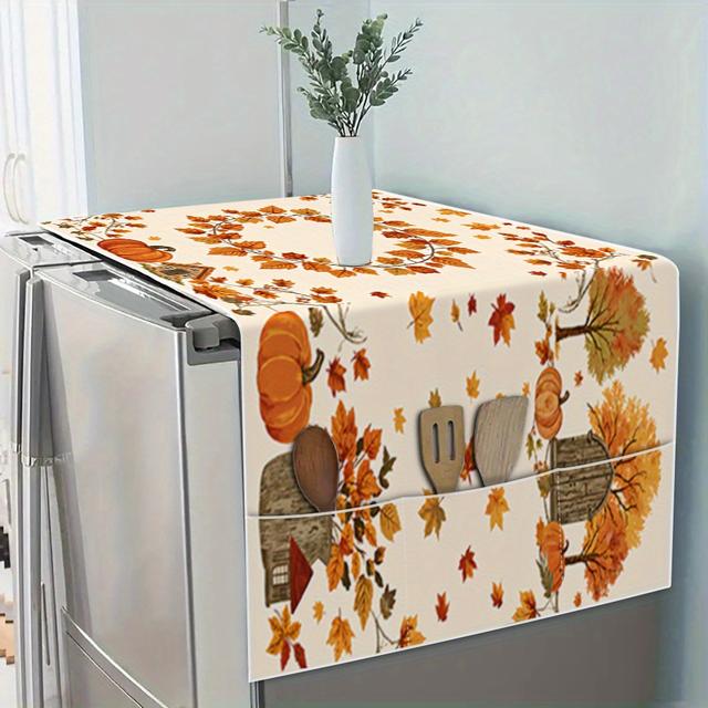 TEMU 1 قطعة غطاء ثلاجة من البوليستر بطباعة 2D لورقة اليقطين لعيد الشكر مع حقيبة تخزين، غطاء ميكروويف وغطاء ثلاجة للتنظيف والديكور، مثالي لعيد الشكر