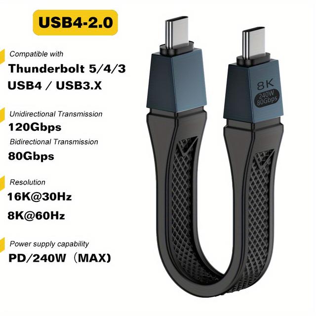 TEMU Thunderbolt 5 Type C 2.0 Cable 80gbps Usb C To 16k Pd 240w 120gbps Short Cable Compatible Thunderbolt 4/3