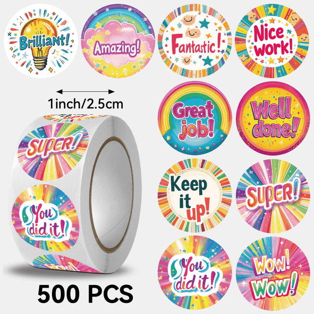 TEMU 500pcs Roll Of 2.5cm/1.0" Round Self-adhesive Glossy Paper Stickers With 500+ Motivational Phrases & Cartoon Designs - Colorful Positive Affirmations, "great Job!"