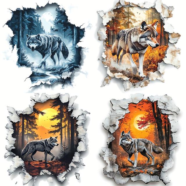TEMU 4pcs Forest Wolf Wall Tear Stickers, High Brush, Flower Sticker, Motorcycle And Car Bumper Sticker, Body Decoration Adhesive