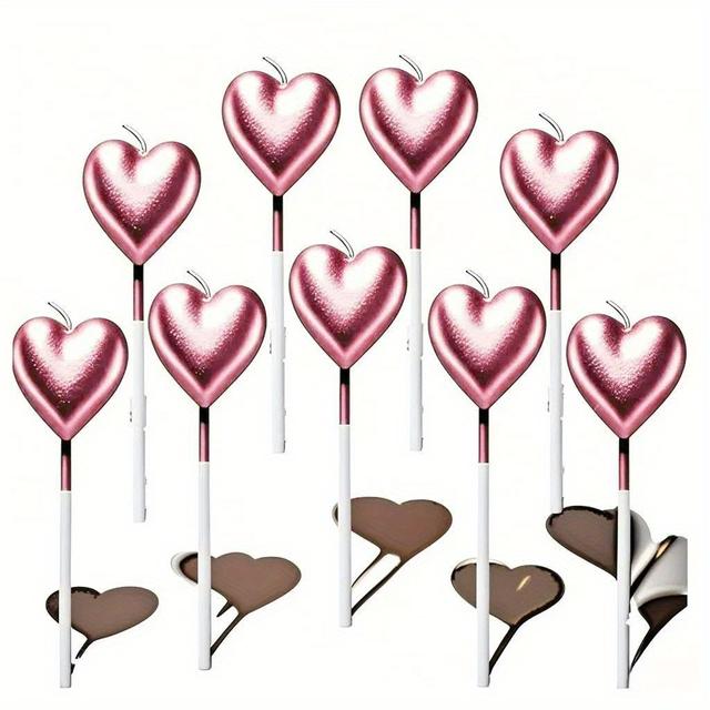 TEMU 9pcs Metallic Heart-shaped Birthday Cake Candles. Multiple Colors , Including Golden, Silvery, Metallic Pink, And Red
