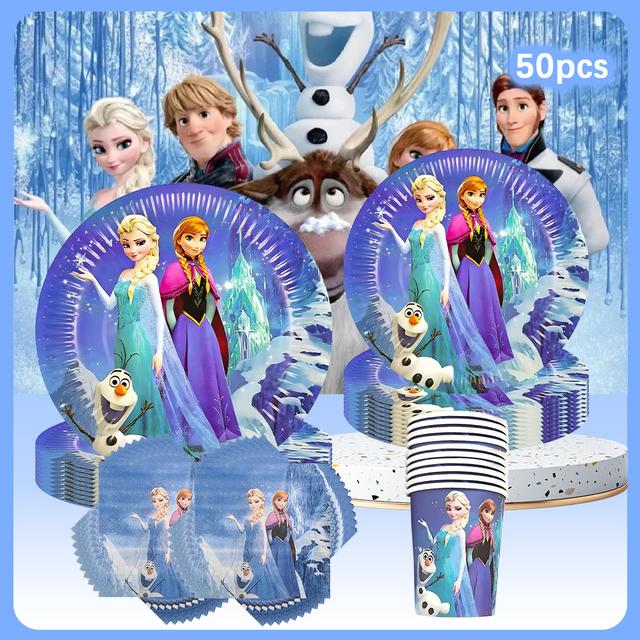 TEMU Cup And Saucer Set, 50pcs, Frozen Themed Holiday Event Cutlery Set, Including Paper Plates, Napkins, And Water Cups, Perfect For Prom, Birthday Parties, And More.