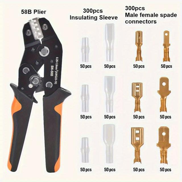 TEMU 600pcs Ratchet Sn-58b Crimping Tool Set For Awg 23-16/0.25-1.5mm² Terminals, Including 300 Insulation Sleeves, 300 Coils, And A 2.8/4.8/6.3mm Male And Female Connector Combination Kit