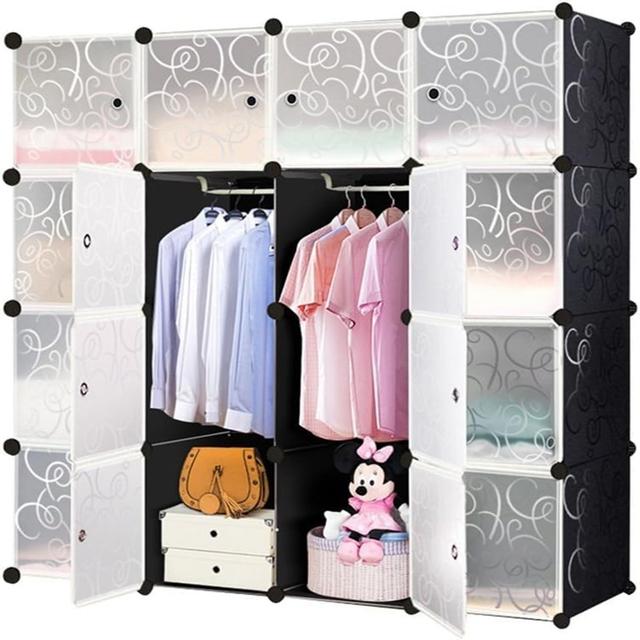 TEMU 16 Storage Wardrobes Made Of Pp Plastic Featuring Doors, A Shelving System, Suitable For Bedrooms, Bathrooms, And Guest Rooms (in Black Color), Portable Closets