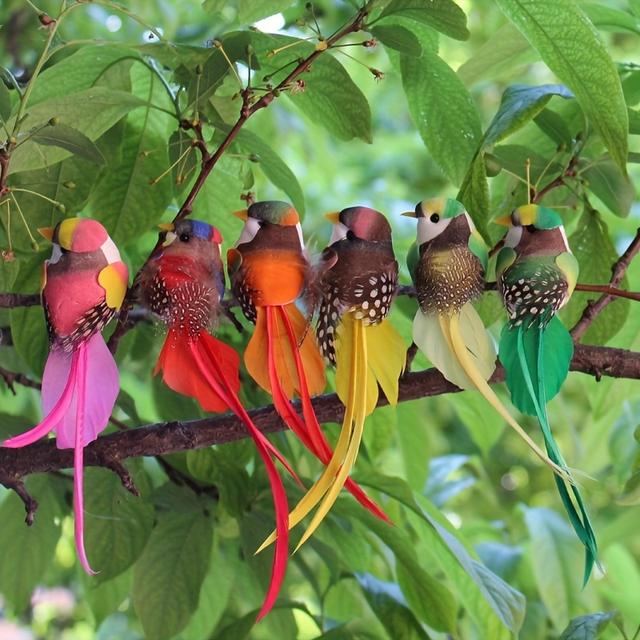 TEMU 6pcs Art Deco Artificial Long-tailed Birds, Polyurethane Feathered Hanging Ornaments, No-electricity Home Decor, Room Accents For Fit Occasions