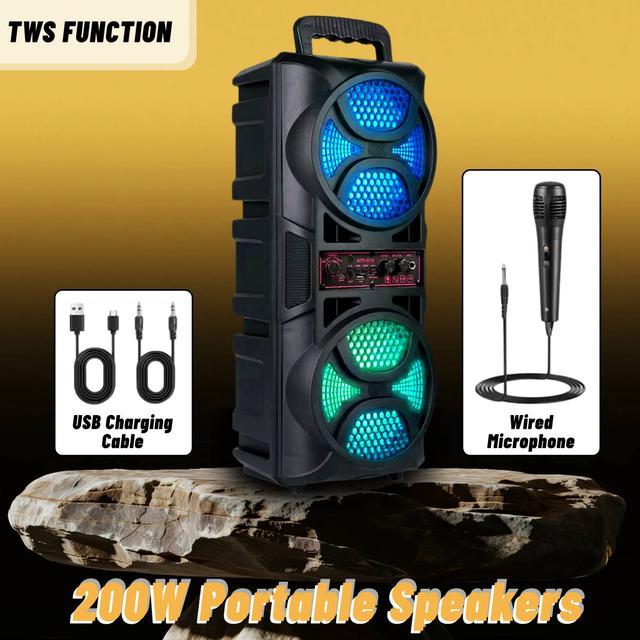 TEMU 200w Portable Wirless Dual 6.5" Subwoofer Rgb Lights Tws & Fm Tf Aux Usb Function, Great Ideal For Gift