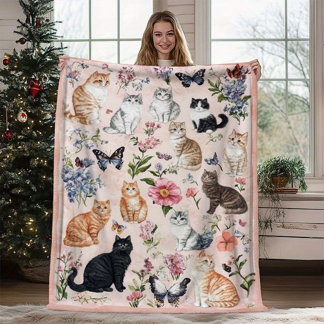 TEMU A Single Cozy And Soft Fleece Throw Blanket Featuring Adorable Cats And A Floral Pattern, Ideal For Use On A Couch, Sofa, Bed, Or Room. Warm And Comfortable For Use And Makes A Great Gift