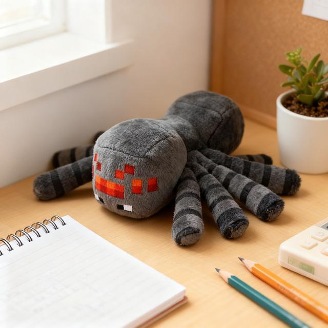TEMU Soft Gray Plush With Pixelated Red Accents – 8 Striped Legs & Game-, Perfect For Desktop Decoration Or Game Fan Collections