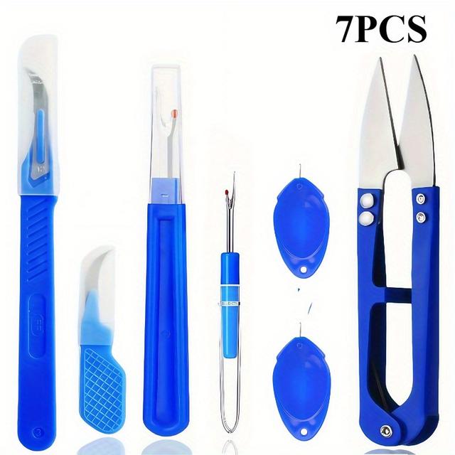 TEMU 7pcs Blue Sewing Thread Ripper Set, 2 Attached Thread , Threaders, 2 Sewing Thread And Scissors For Thread Removal