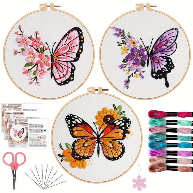 TEMU 3-pack Offizon Embroidery Kits For Beginners - Insect Theme, All , White Fabric, Includes Patterns, Accessories & Hoops, Hand Stitching Sewing Craft Set