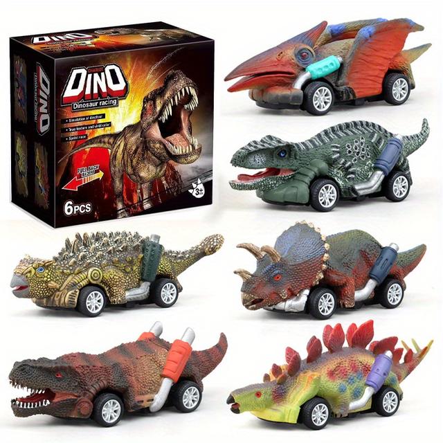 TEMU 6pcs Interactive Dinosaur Slewing Toy Car Set, Non-battery Abs Plastic Manual Vehicle Game Set 3-6, Ideal For Halloween/ Christmas Gifts
