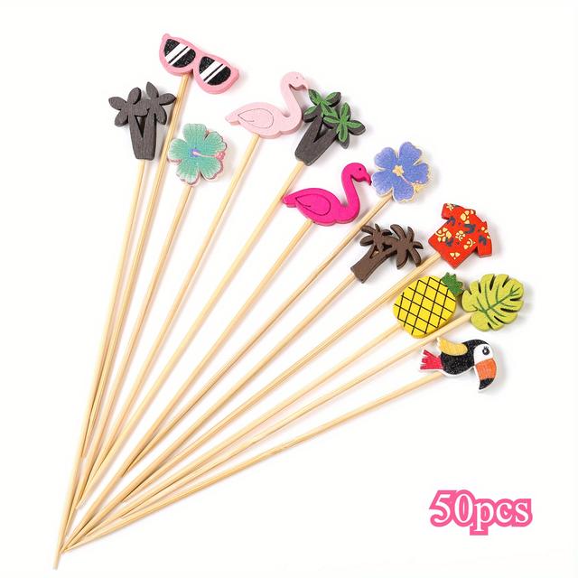 TEMU 50/100pcs Hawaiian Luau Assorted Picks Tropical Bamboo Toothpicks Flamingo Palm Leaf Handmade For Appetizers Food Drinks Luau Holiday Party Supplies