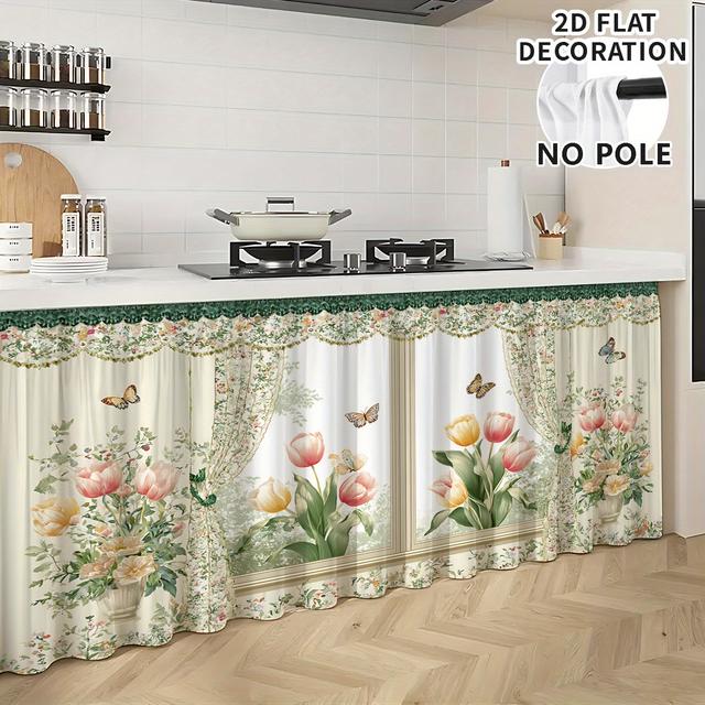 TEMU 2D 플랫 - 2D 플랫 - (단단한 드레이프) 2D 플랫 장식 주방 캐비닛 커튼 – 튤립, 나비, 녹색 식물 행잉 디자인, 간편한 설치, 세탁기 사용 가능, 욕실, 거실, 침실, 주방 등 가정 장식에 적합