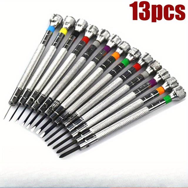 TEMU 13pcs Precision Metal Screwdriver Set, 0.6-2.0mm Slotted & Phillips, Non-electric, Durable Steel, For Watchmaker & Electronics Repair, Hand Tool Kit|versatile Screwdrivers|durable Constructio