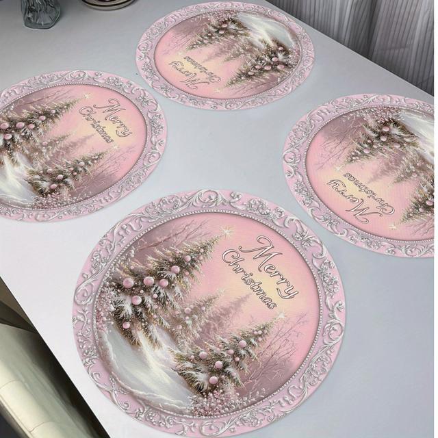 TEMU 4er-Set Merry Christmas Polyester Runde Tischsets - Gewebte Spitze Rosa Weihnachtsbäume Design, 15" Festliche Tischsets für Feiertagsküche Esszimmer , Handwaschbar, Hochwertig und Langlebig
