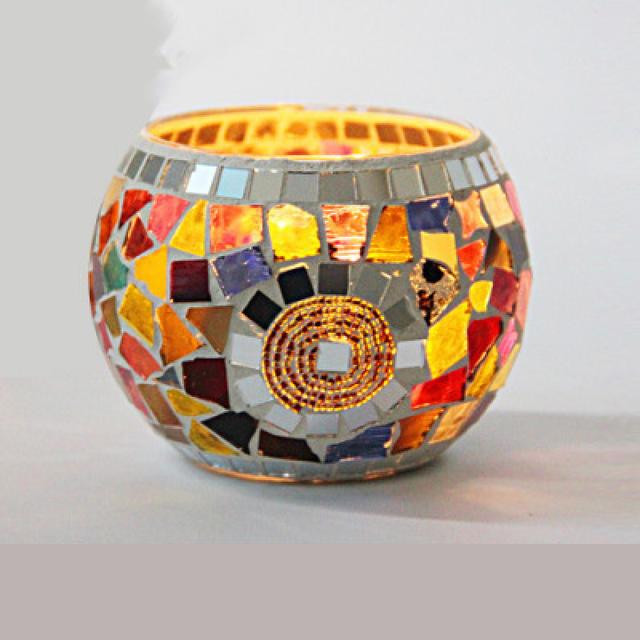TEMU Elegant European Mosaic Glass Candle Holder - Vintage Moroccan Style, Handmade With Colorful Hollow , Romantic Dinners And Diwali Celebrations