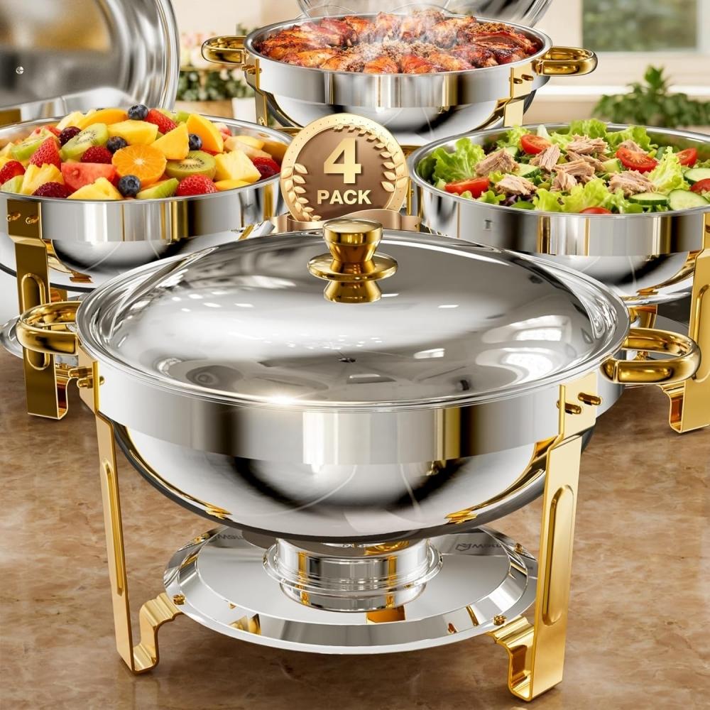TEMU Buffet Chafing Dishes 4-pack, 6qt Round Chafing Dish Buffet Set Stainless Steel Buffet Food Warmers Sets For Catering Events Parties Dinners With Complete Set, Golden And Silver - For Cooking