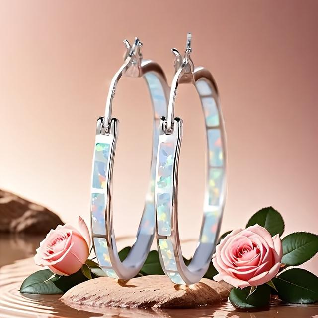 TEMU A Pair Of Bohemian Style Silvery Earings Set With Synthetic Gemstone Synthetic Opal For Casual Attire And Elegant Women's Jewelry As A Gift, Weighing 0.11 Ounces