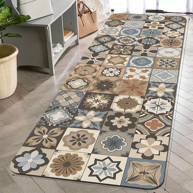 TEMU 1pc Bohemian Floral & Geometric Diatomaceous Mat - Non-slip Quick-dry Machine Washable Bath Mat For Bathroom, Laundry Room, Durable Soft Floor Mat With Vibrant Patterns