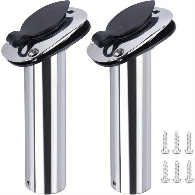 TEMU Set Of 2 Stainless Steel Fishing Rod Holders For Boats, Designed For Flush Mounting At Of 15, 30, Or , Complete With Pvc Cap, Inner Tube, And Gasket