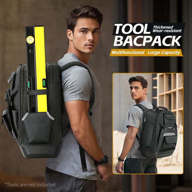 TEMU Winhunt Tool Backpack For Men, Durable Tool Bag Backpack With Molded Base, 23 Pocket Organizer For Electricians And Construction Work, Black, Tool Kit